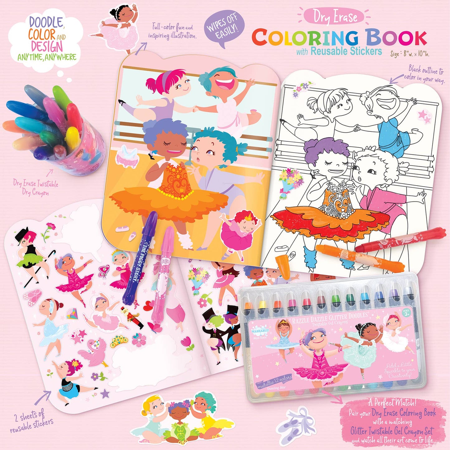 Dry Erase Reusable Coloring Book with Stickers | Ballet