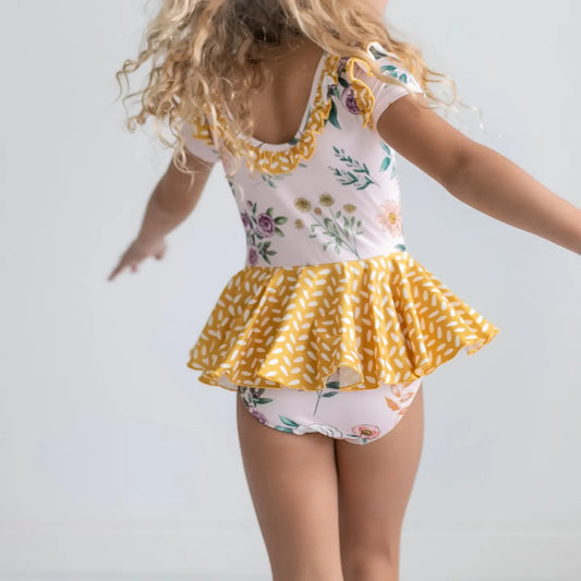 Kids Mustard Dot Pink Floral Dance Skirted Twirl Leotard