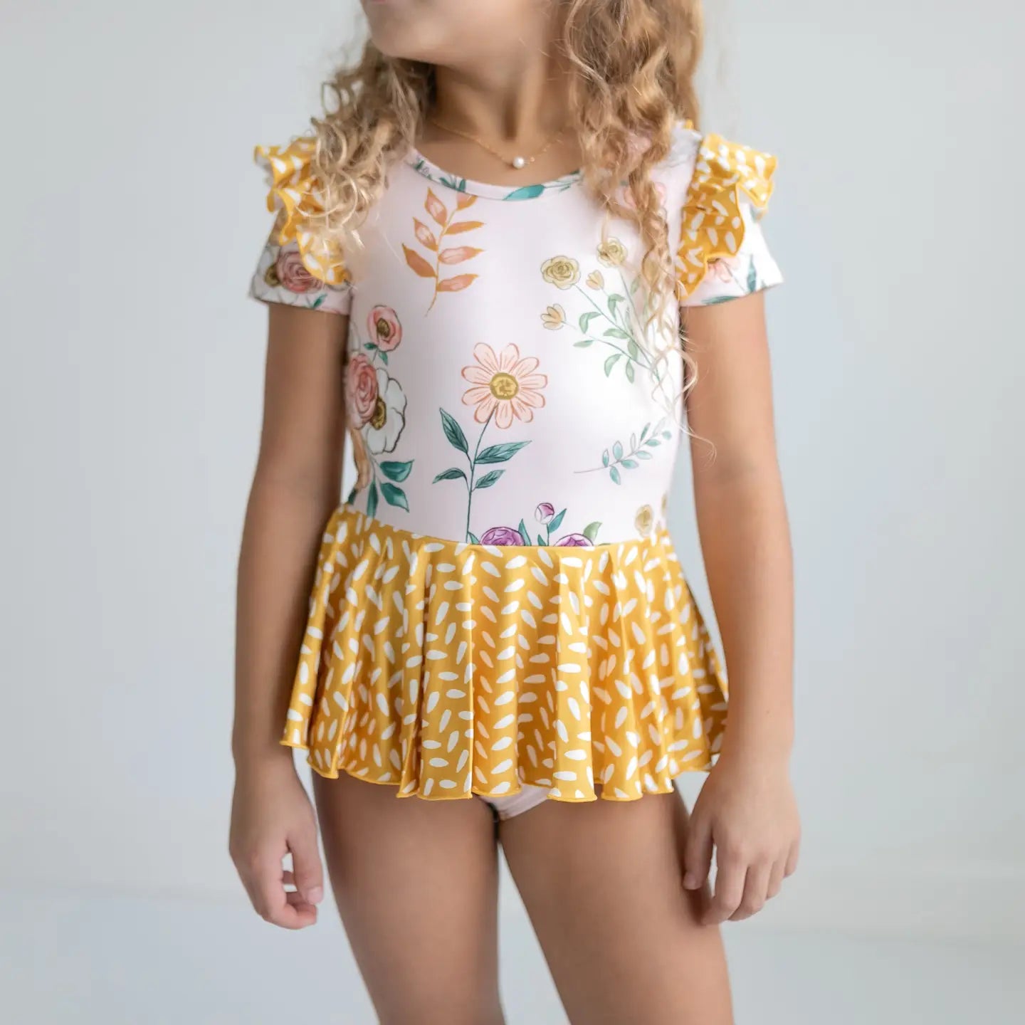 Kids Mustard Dot Pink Floral Dance Skirted Twirl Leotard