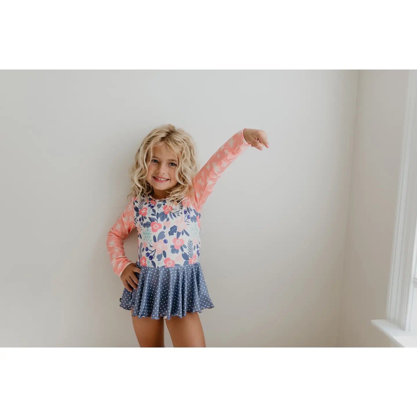 Kids Blue Gray Dot Pink Floral Dance Skirted Twirl Leotard