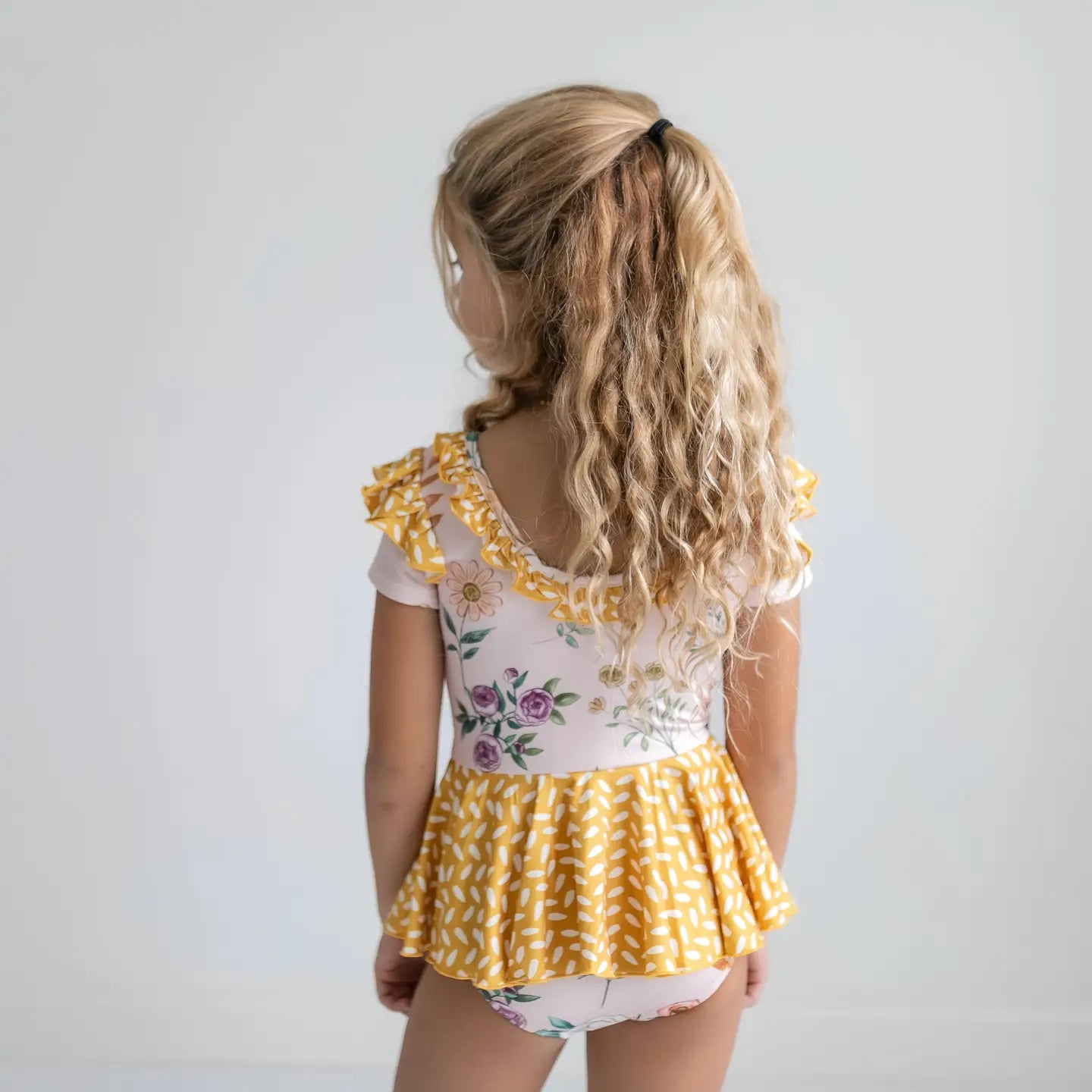 Kids Mustard Dot Pink Floral Dance Skirted Twirl Leotard