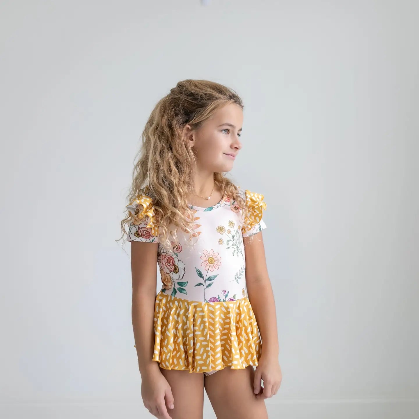 Kids Mustard Dot Pink Floral Dance Skirted Twirl Leotard