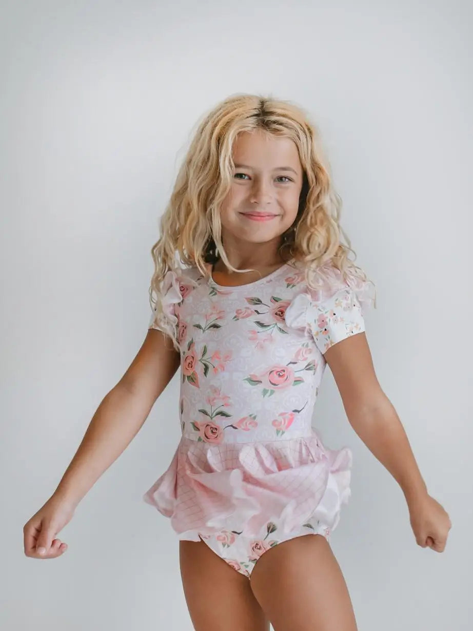 Kids Pale Pink Rose Dance Skirted Twirl Leotard