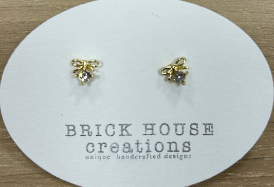 BrickHouse Creations Dainty Gold Bow With Rhinestone Studs Earrings
